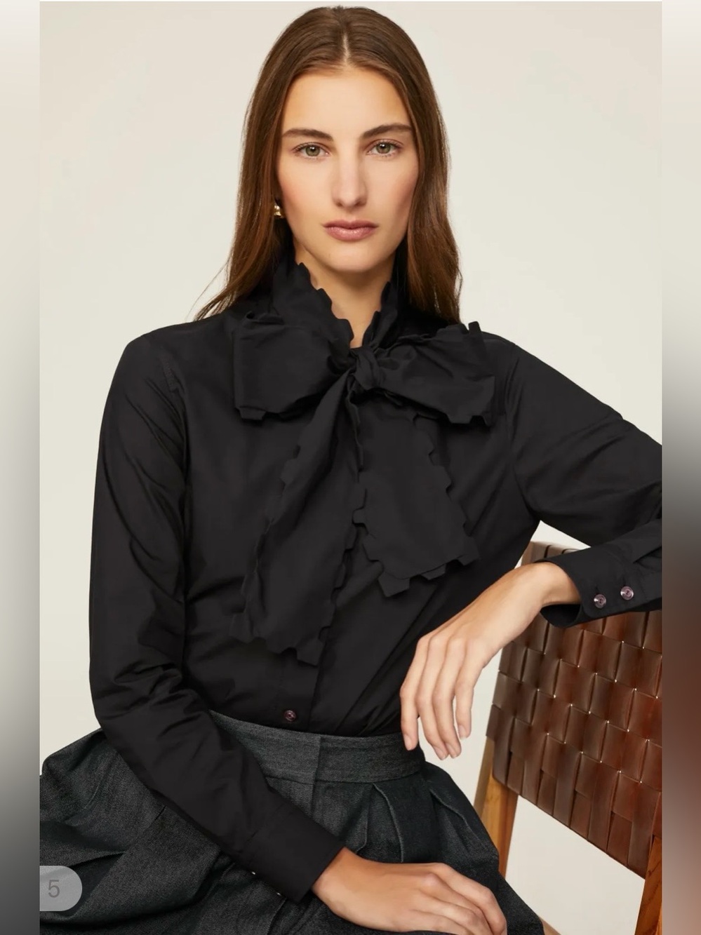 Tory Burch Black Scalloped Poplin Bow Blouse - Size 4 Tie Neck | 100% Cotton